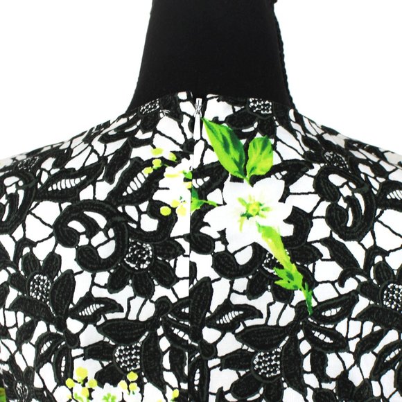 Oscar de la Renta Cotton Poplin Black White Green Floral A-Line Dress 4 - Picture 6 of 8